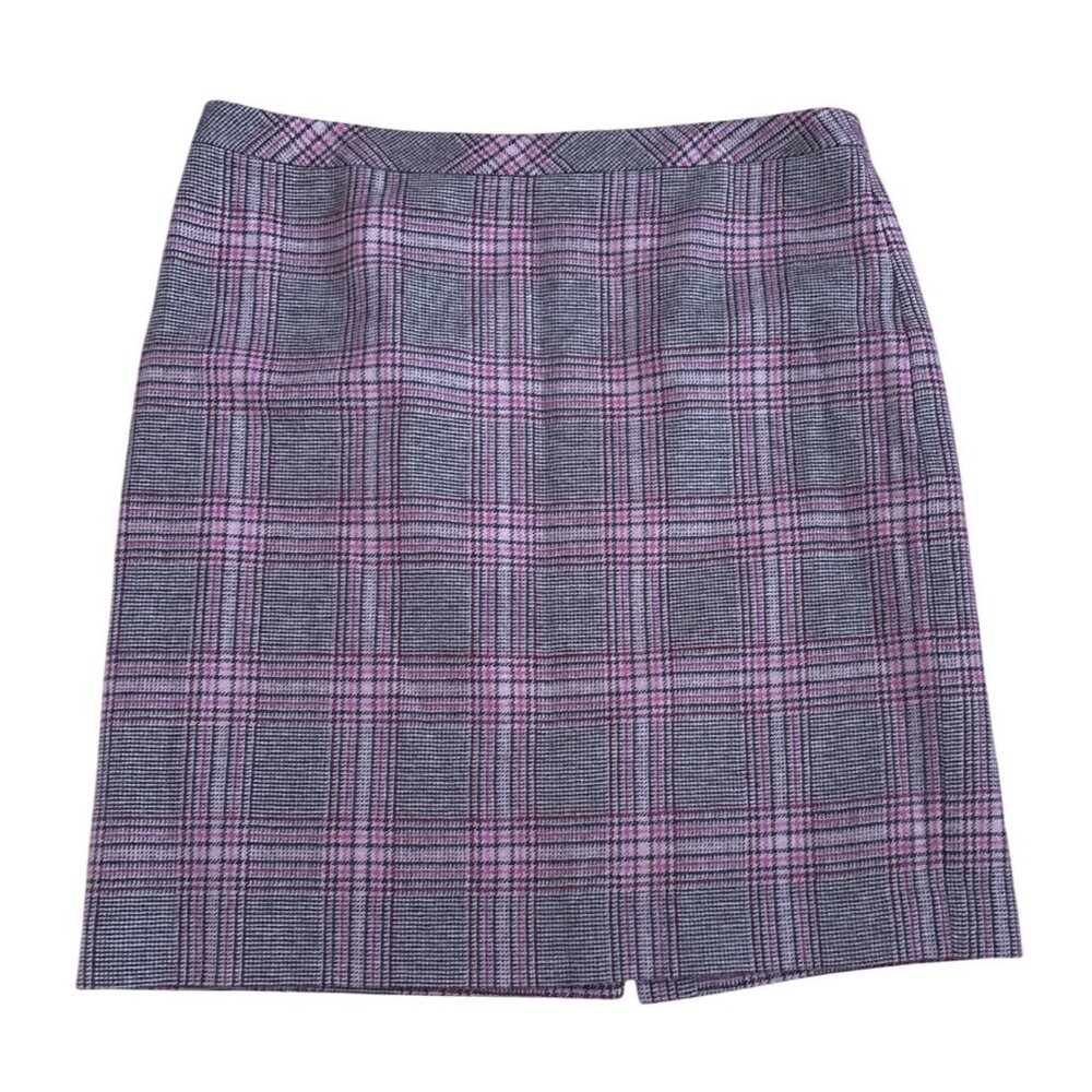 Talbots Plaid Skirt Wool Blend Gray Pink Petite Size 14P Lined Side Zip Classic